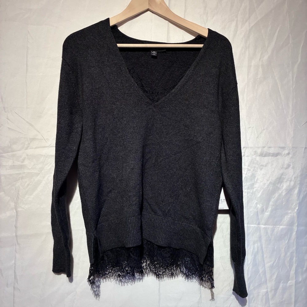 Laundry By Shelli Segal Dark Gray V-Neck Sweater with Lace Hem